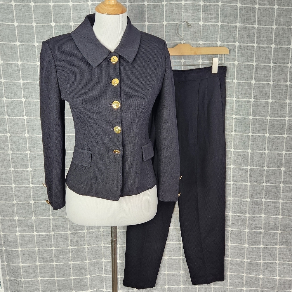 St. John Santana Knit Elegant Black Blazer and Pants Set with Gold Buttons